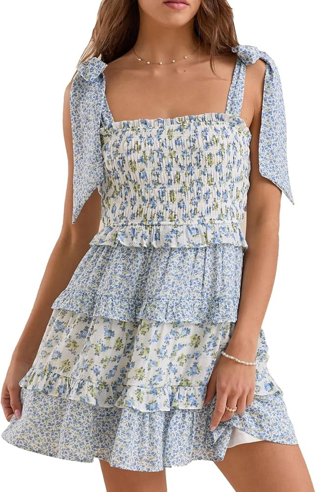 Sastianaen Womens Floral Print Mini Dress Summer Ruffle Smocked Tiered Tie Backless Preppy Smocke... | Amazon (US)