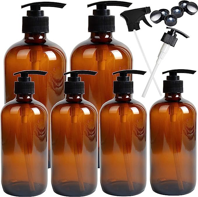 Youngever 6 Pack Empty Amber Glass Pump Bottles, 2 Pack 16 Ounce and 4 Pack 8 Ounce Pump Bottles,... | Amazon (US)