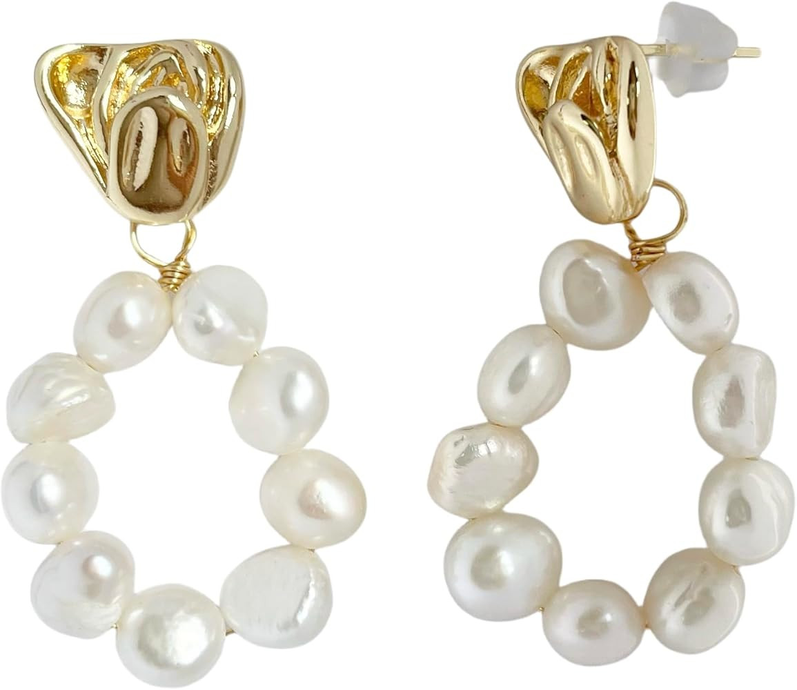 pearl hoop earrings Freshwater white baroque pearl Stud big drop dangle Earrings for Women lady 1... | Amazon (US)