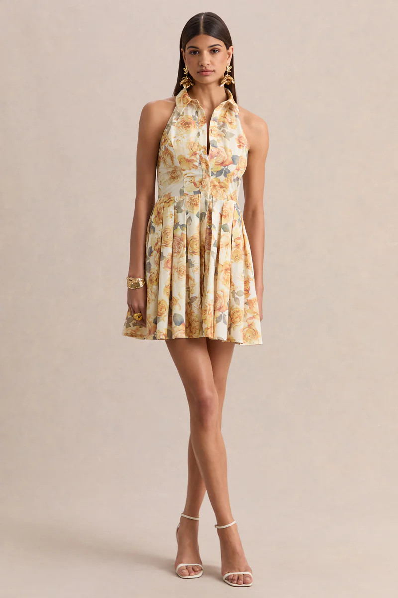 Paulie  Lemon Rose Print Poplin Skater Mini Dress | Club L London