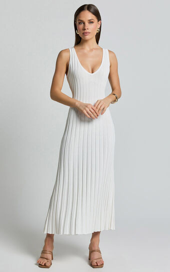 Maya Midi Knit Dress - Sleeveless V Neck Knited Dress in White | Showpo (US, UK & Europe)