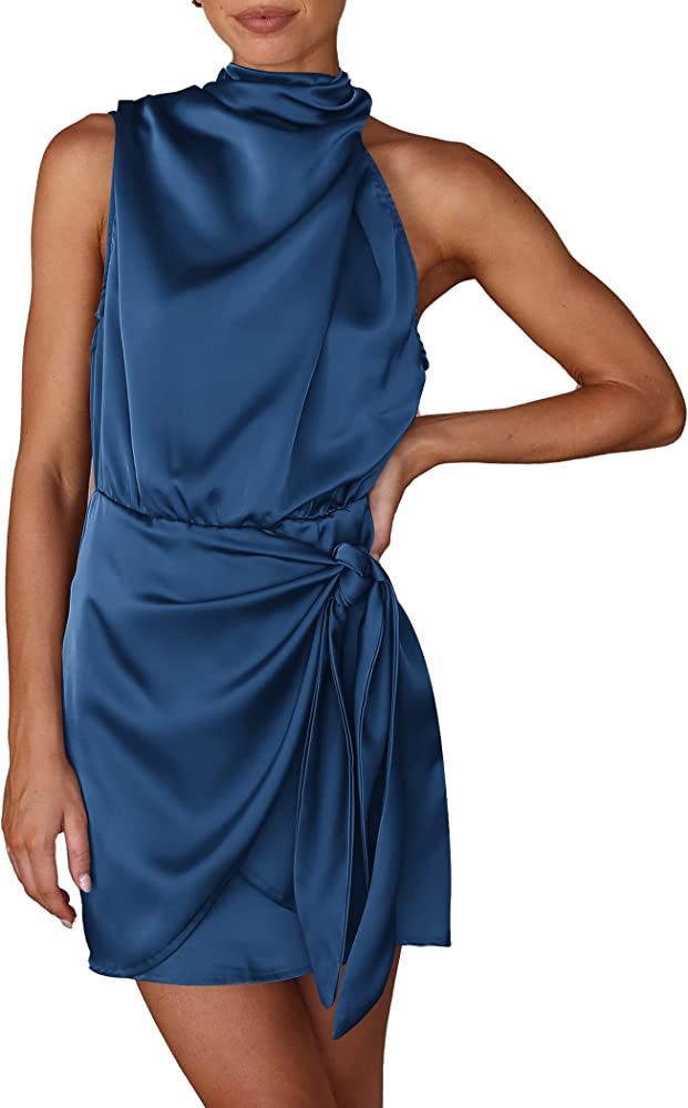 PRETTYGARDEN Women's Short Formal Satin Dress Summer Sleeveless Mock Neck Tie Waist Cocktail Part... | Amazon (US)