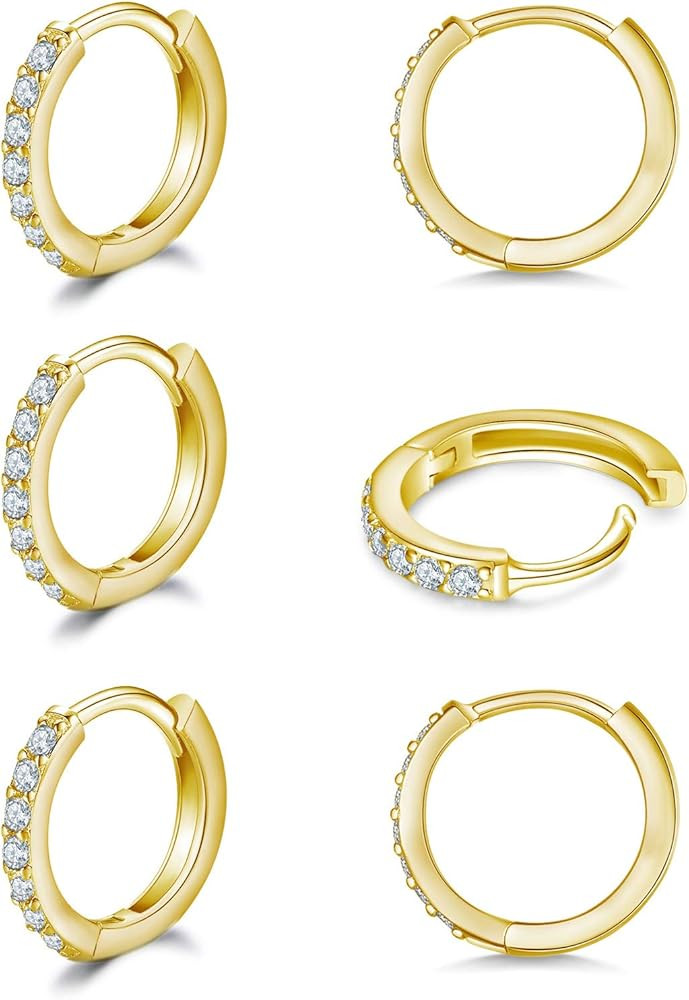 925 Sterling Silver Small Hoop Earrings Cubic Zirconia Huggie Hoop Earrings, 3 Pairs 14K White Go... | Amazon (US)