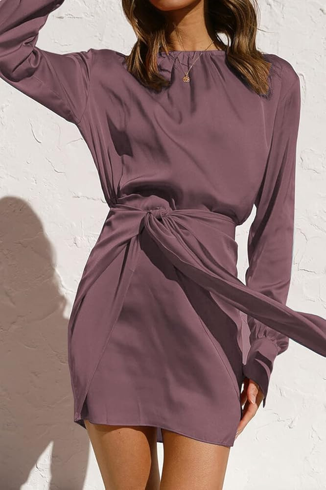 BTFBM Women Casual Long Sleeve Ruched Wrap Dress Crew Neck Tie Waist Short Dresses Solid Party Dress | Amazon (US)