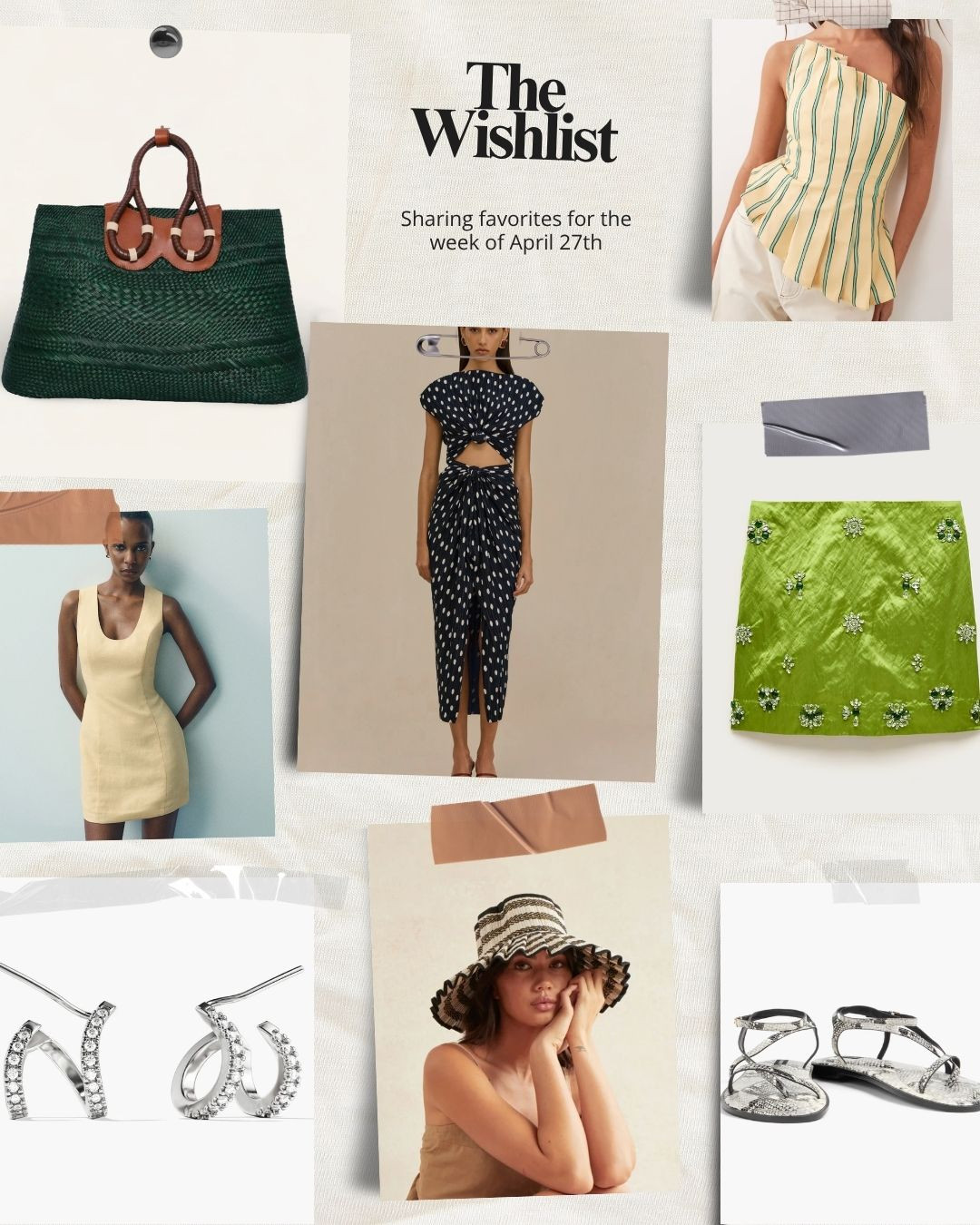 summer travel wishlist outfits, cult gaia dress, foldable sun hat, a satin green skirt, snakeskin sandals, silver earrings, linen dress. 

 #LTKootd #LTKSaleAlert #LTKTravel