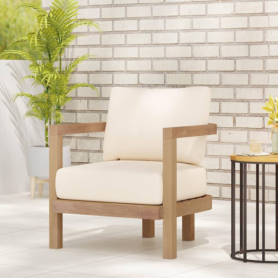 Amazon.com : Christopher Knight Home Orion Outdoor Acacia Wood Club Chair with Tub Shape and Slat Panel, Patio Armchair, Water-Repellent Thick Cushion Seating for Garden Backyard Balcony, Brown Wash+Beige : Patio, Lawn & Garden | Amazon (US)