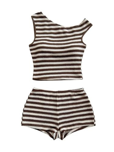 SOLY HUX Women's 2 Piece Striped Off The Shoulder Crop Tops and Mini Shorts Set Summer Y2K Going Out Outfits Brown Striped X-Large | Amazon (US)
