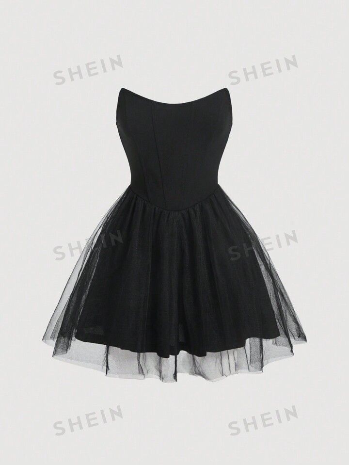 SHEIN MOD Solid Mesh Flare Hem Dress | SHEIN