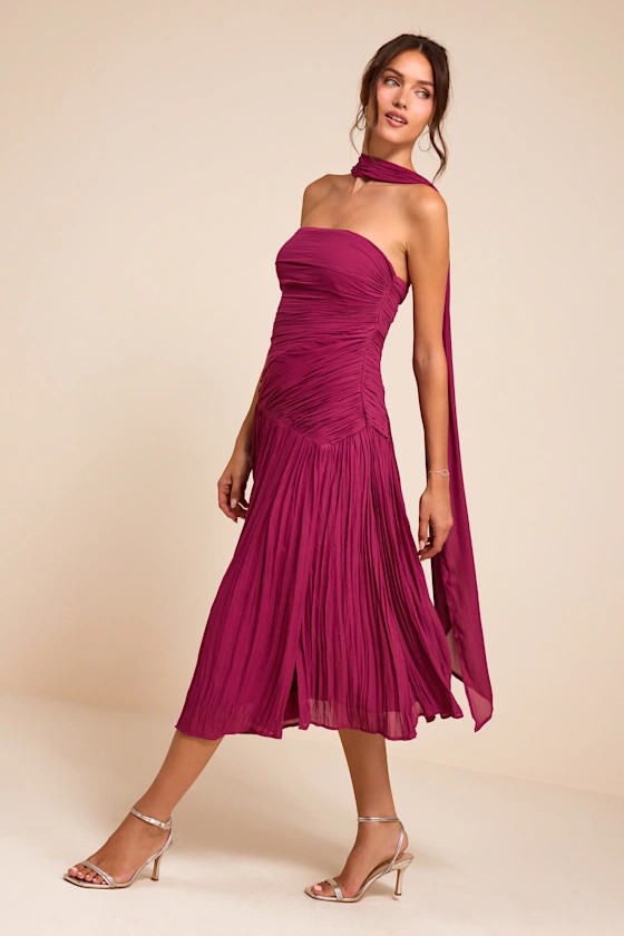 Nellie Berry Pink Pleated Midi Dress and Scarf Set | Lulus