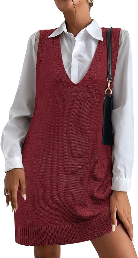 HOTOUCH Women Sweater Vest Oversized V Neck Sleeveless Knit Pullover Ribbed Vest Dress with Pockets | Amazon (US)