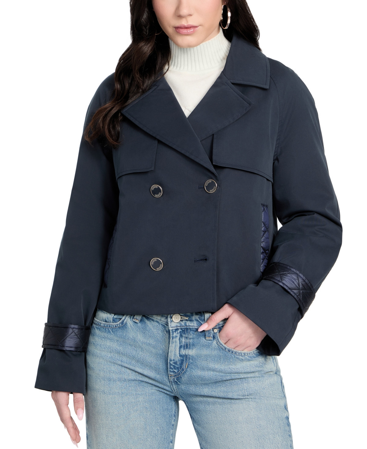 Guess Women's Cropped Quilted-Trim Trench Coat - Navy | Macy's