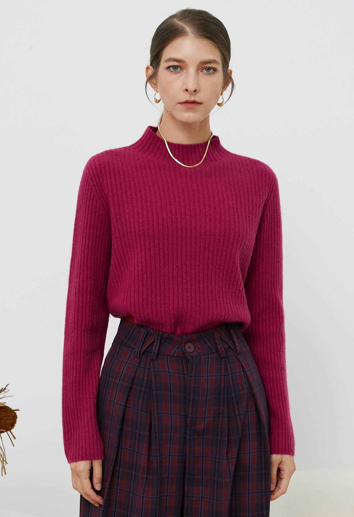 Elemental Mock Neck Long-Sleeve Wool Sweater in Magenta | Chicwish