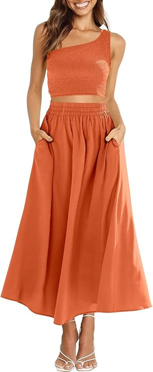 ANRABESS Women's 2 Pieces Outfits One Shoulder Smocked Crop Top & High Waist Long Skirt Dress Set... | Amazon (US)