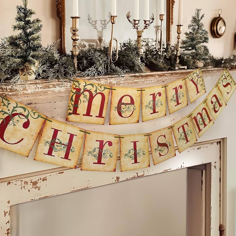 Christmas Decorations - Vintage Merry Christmas Banner - Retro Nostalgic Traditional Old Fashione... | Amazon (US)