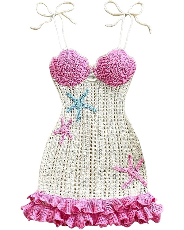 Verdusa Women's Boho Chic Colorblock Starfish Tie Shoulder Crochet Dress Hollow Out Ruffle Layere... | Amazon (US)