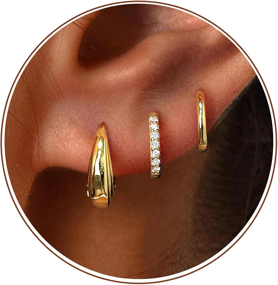Poxtex Small Sterling Silver Huggie Hoop Earrings Set for Women, Hypoallergenic 14K Gold Plated H... | Amazon (US)
