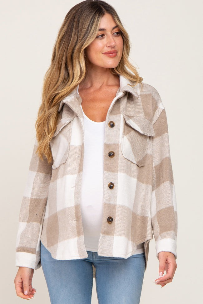 Beige Plaid Knit Maternity Shirt Jacket | PinkBlush Maternity