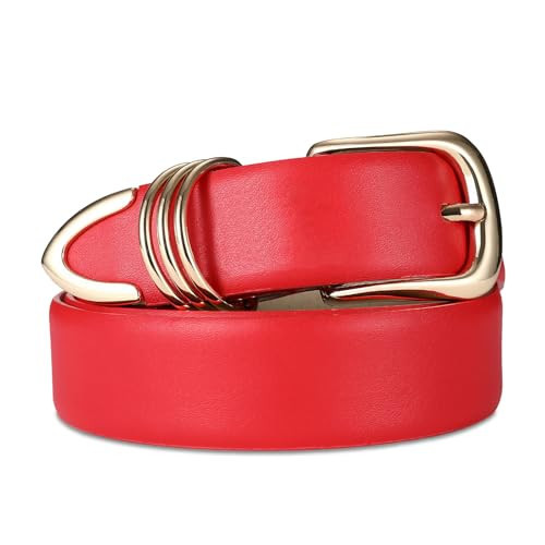 RISANTRY Women's Leather Belts for Jeans Dresses, Red Leather Waist Belt Fashion Ladies Belts with Gold Buckle M | Amazon (US)