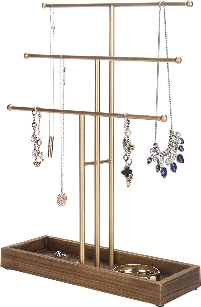 MyGift 3-Tier Gold Metal T-Bar Jewelry Organizer Stand, Necklace and Bracelet Hanging Display wit... | Amazon (US)