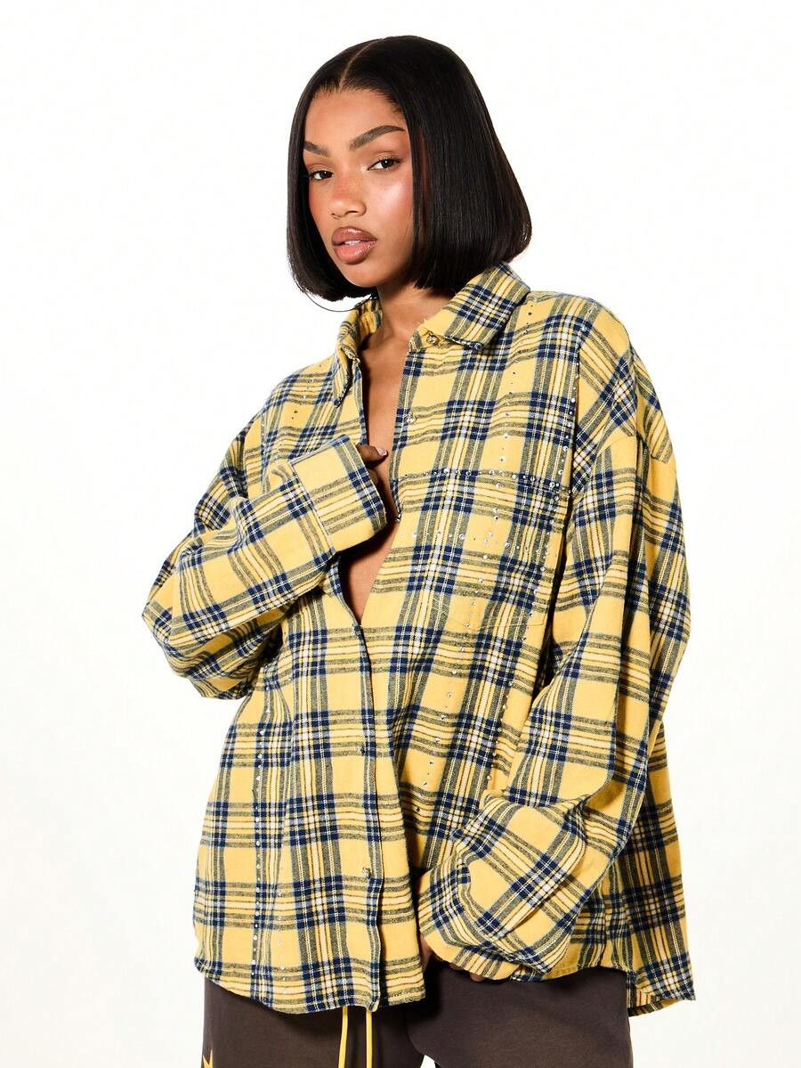 SUMWON WOMEN Oversized Plaid Rhinestone Embellished Button Front Blouse With Long Sleeves And Col... | SHEIN