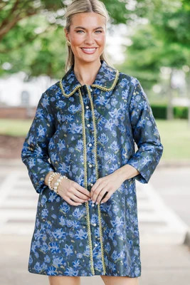 The Kindness Pearl Navy Brocade Button Down Dress | The Mint Julep Boutique