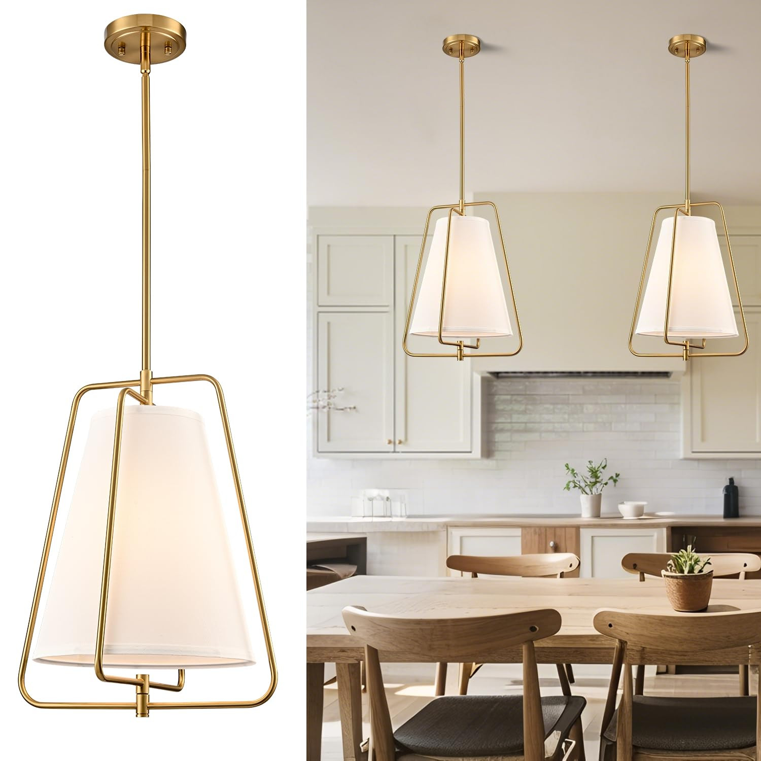 HYDELITE Vintage Gold Pendant Light with White Linen Fabric Adjustable Height Chandelier Brass fo... | Amazon (US)