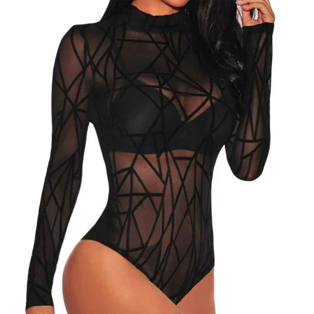 Women Ladies Sheer Bodysuit Top Sexy Long Sleeve Rompers Bodysuit Body Black Lace Romper Playsuit | Walmart (US)