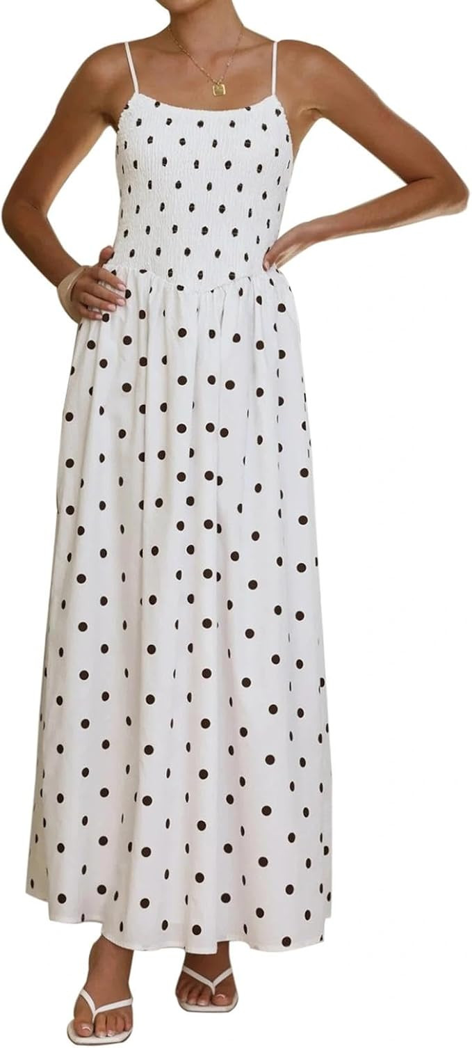 ABYOVRT Women Polka Dot Maxi Dress Smocked Spaghetti Strap Flowy Sundress Summer Beach Vacation | Amazon (US)