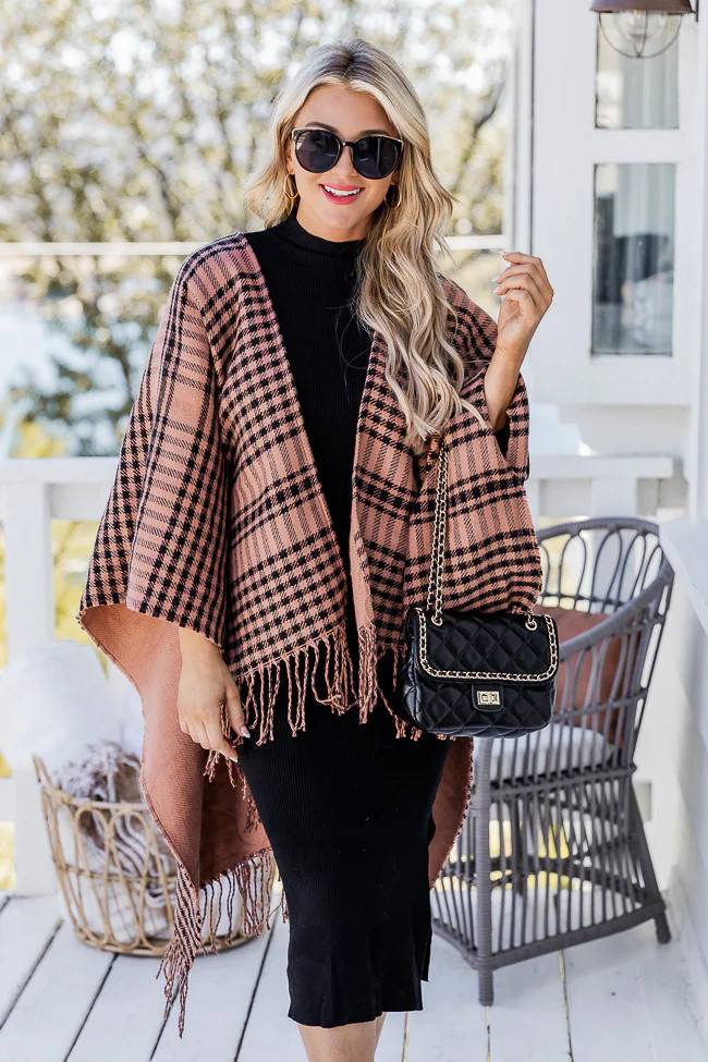 All The Answers Black And Tan Plaid Poncho | Pink Lily