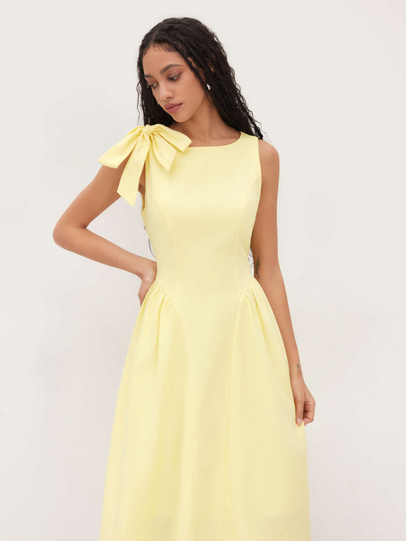 Linen-blend Boat Neck Bowknot Ruffle Midi Dress... | Cider