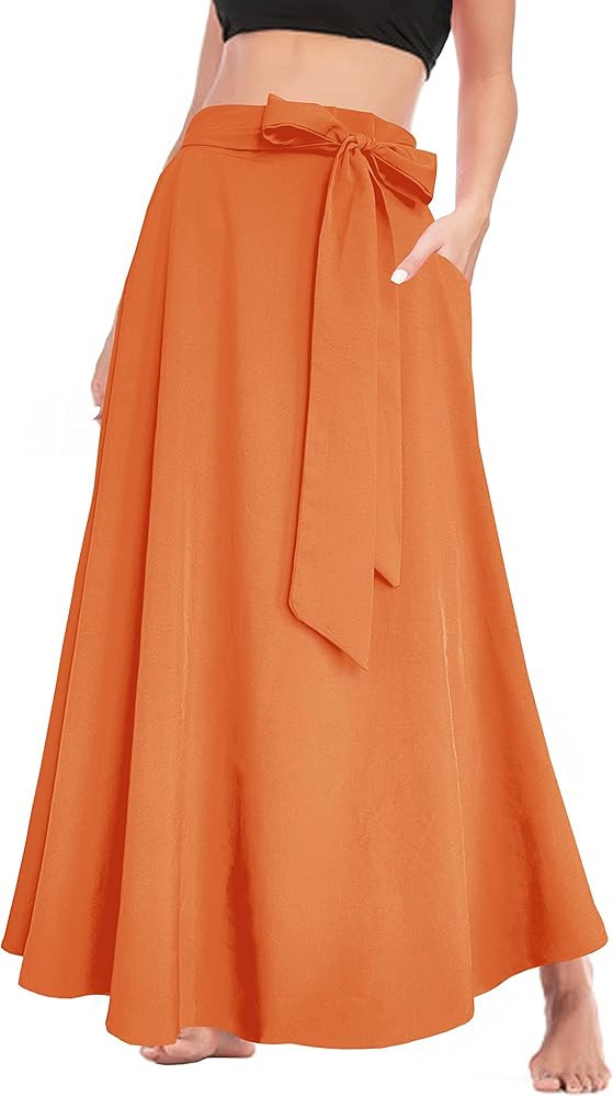 Sinono Women’s High Waist Skirt Tie Front Pleated A-line Flowy Long Maxi Skirt with Pockets | Amazon (US)