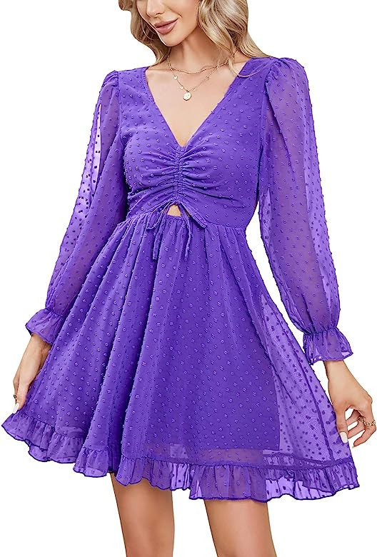 EXLURA Women's Swiss Dot Flowy Mini Dress V Neck Long Puff Sleeve Tie Back Ruffle Dress Sexy Cott... | Amazon (US)