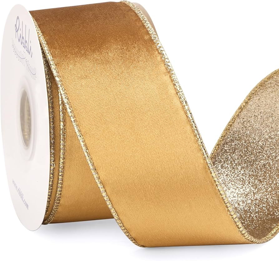 Ribbli Gold Velvet Ribbon Wired 2.5 Inch Glossy Velvet with Champagne Glitter Christmas Ribbon fo... | Amazon (US)