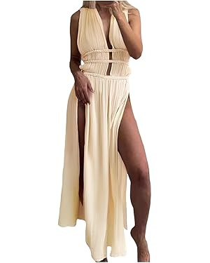 Women's Summer Boho Linen Sleeveless Belt Hollow Slits Dress Solid Color Boho Dresses Swing Maxi ... | Amazon (US)