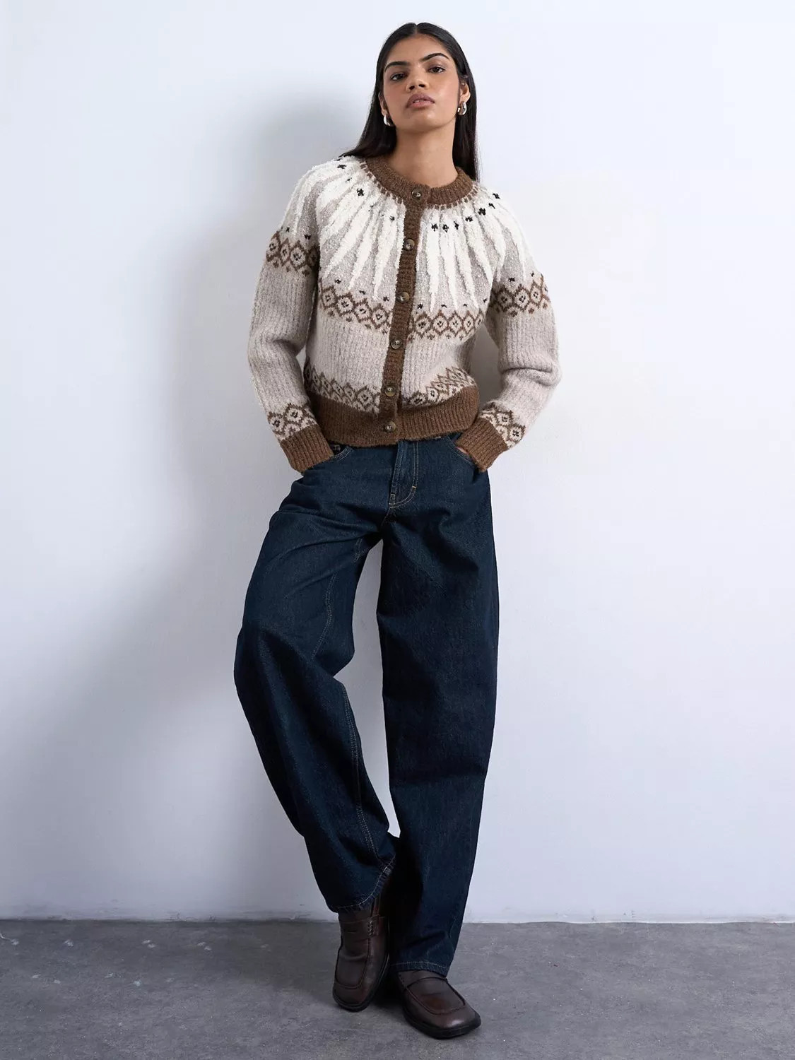 Topshop Knitted Chunky Fairisle Cardigan, Beige | John Lewis (UK)