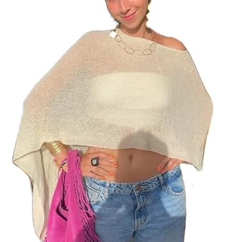 Mieeyali Women Sheer Knit Poncho Y2K Lightweight Asymmetric Shrug Bolero Cover Up Tops Trendy See Through Pullover Sweaters (Yellow, ONE SIZE) | Amazon (US)