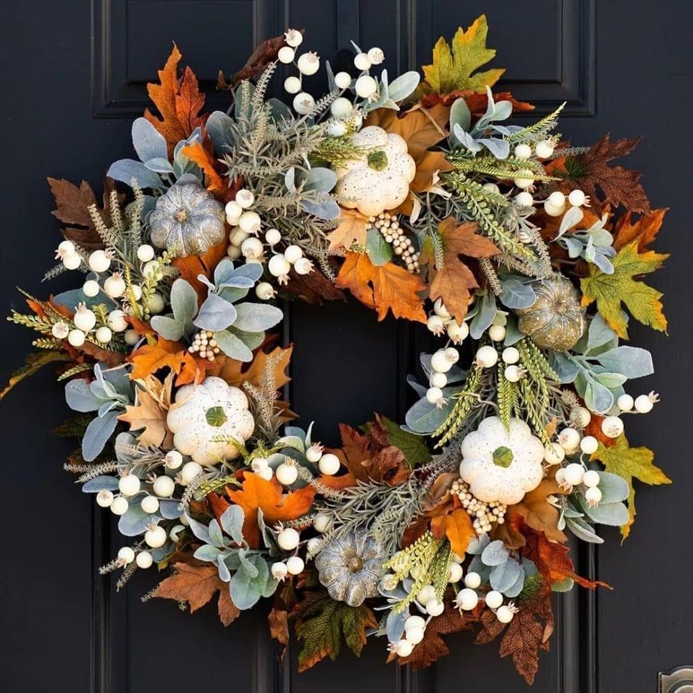 Artificial Fall Wreaths for Front Door Rustic Autumn Wreath with Pumpkin,Rose,Berry Branchesm,Mix... | Amazon (US)