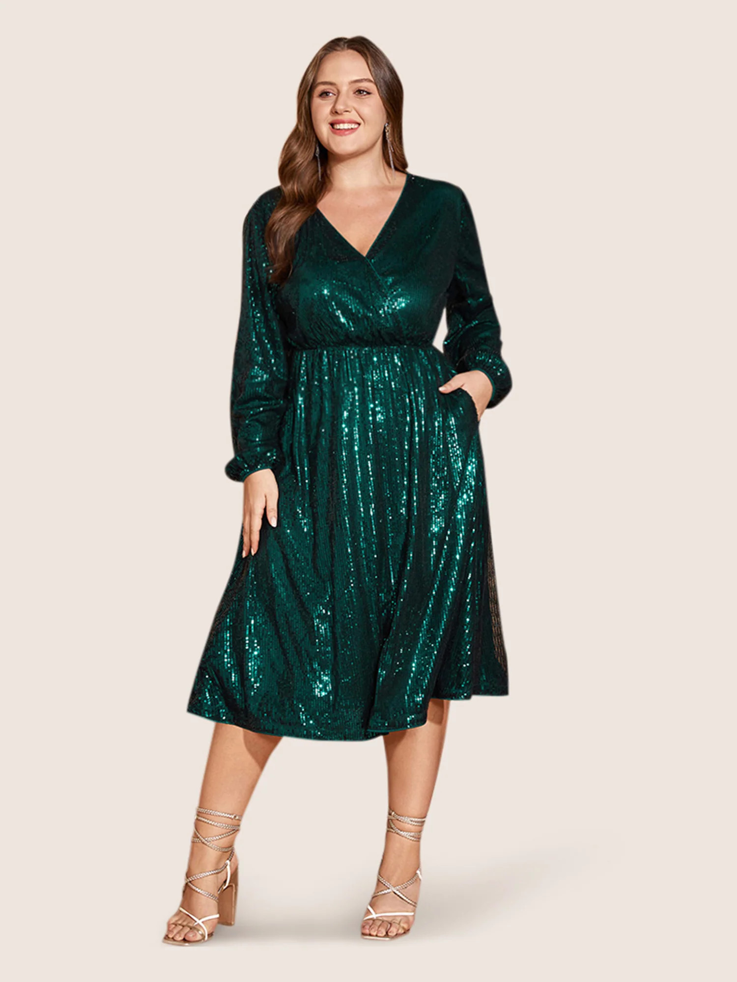 Solid Pocket Lantern Sleeve Wrap Sequin Dress | Bloomchic