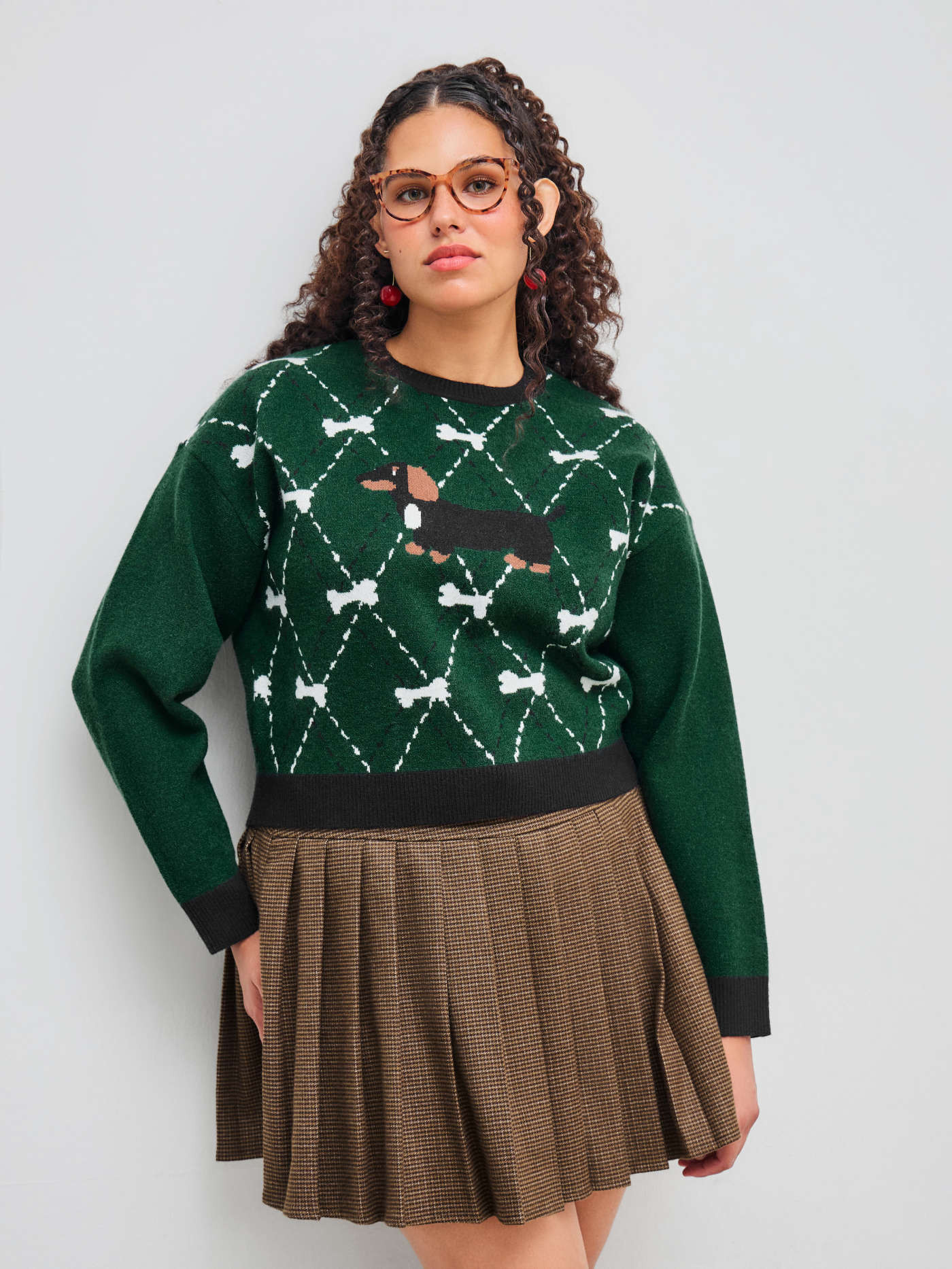 Jacquard Knit Round Neckline Dog & Dog Bone Rhombus Sweater Curve & Plus For School | Cider