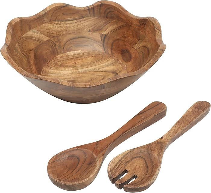 Gibson Home Sandhurst 3-Piece Acacia Wood Salad Bowl Set – 12-Inch Scalloped Serving Bowl with ... | Amazon (US)
