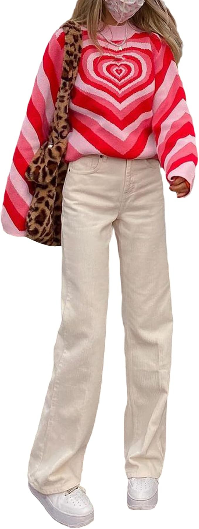 LOSIBUDSA Women Heart Print Sweater Long Sleeve Pullover O-Neck Knitted Blouse Shirt Casual Loose... | Amazon (US)