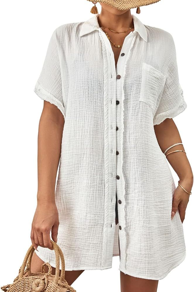 Bsubseach Short Sleeve Beach Shirts for Women Button Down Swim Cover Up Casual Tunic Blouse | Amazon (US)