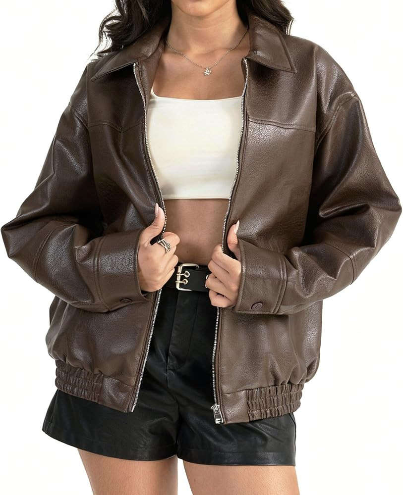 FOMELY Leather Jacket Women Oversized Bomber Motorcycle Y2K Moto Biker Racer Fall Coat with Pocke... | Amazon (US)