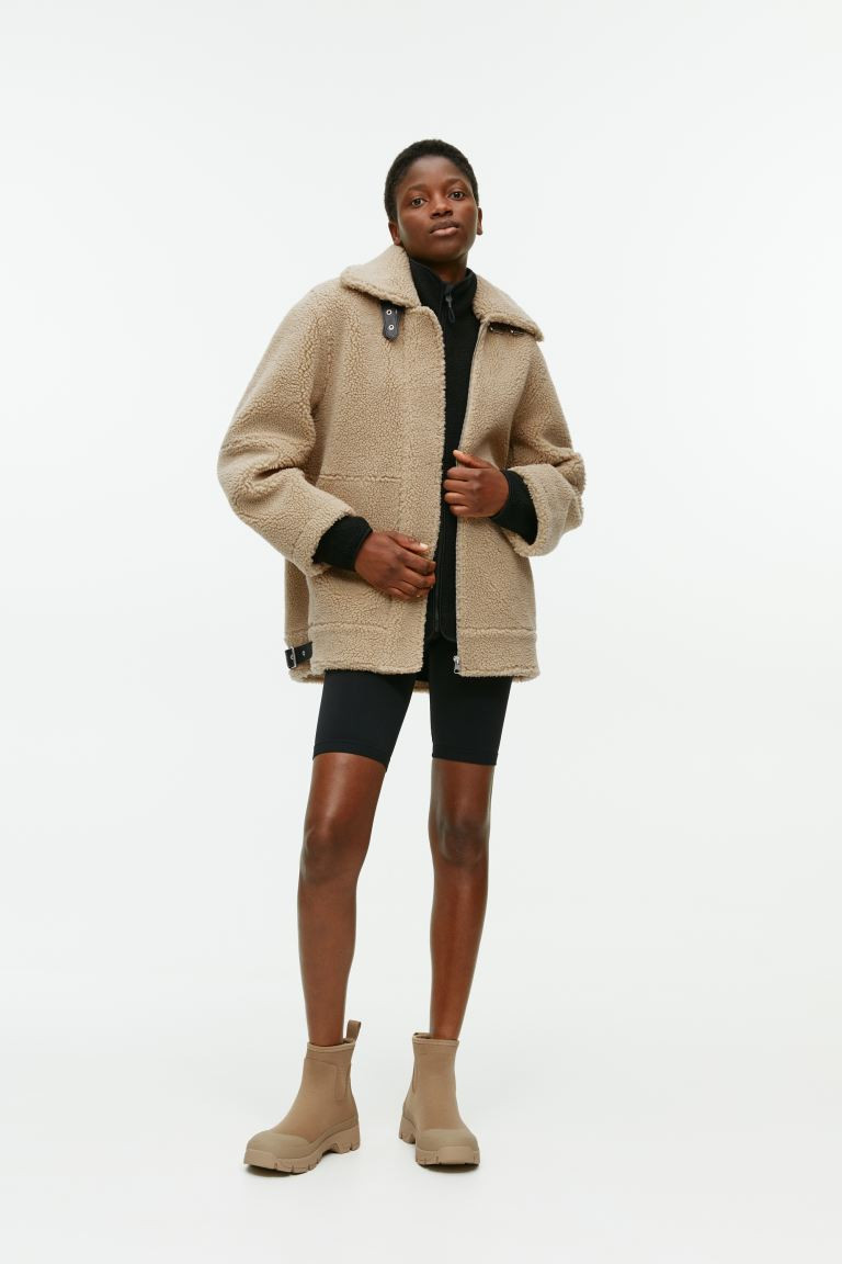 Oversized Leather-Trimmed Pile Jacket - Dark Beige - Ladies | H&M GB | H&M (UK, MY, IN, SG, PH, TW, HK)