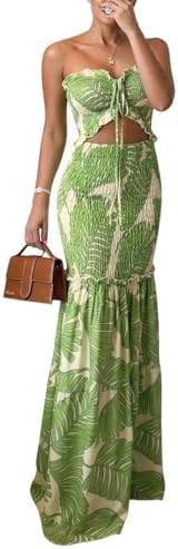 CHICME Floral Printed Prom Dress Tie Ruched Shirred Bandeau Party Dress Slim Fit Ruffle Hem Vacat... | Amazon (US)