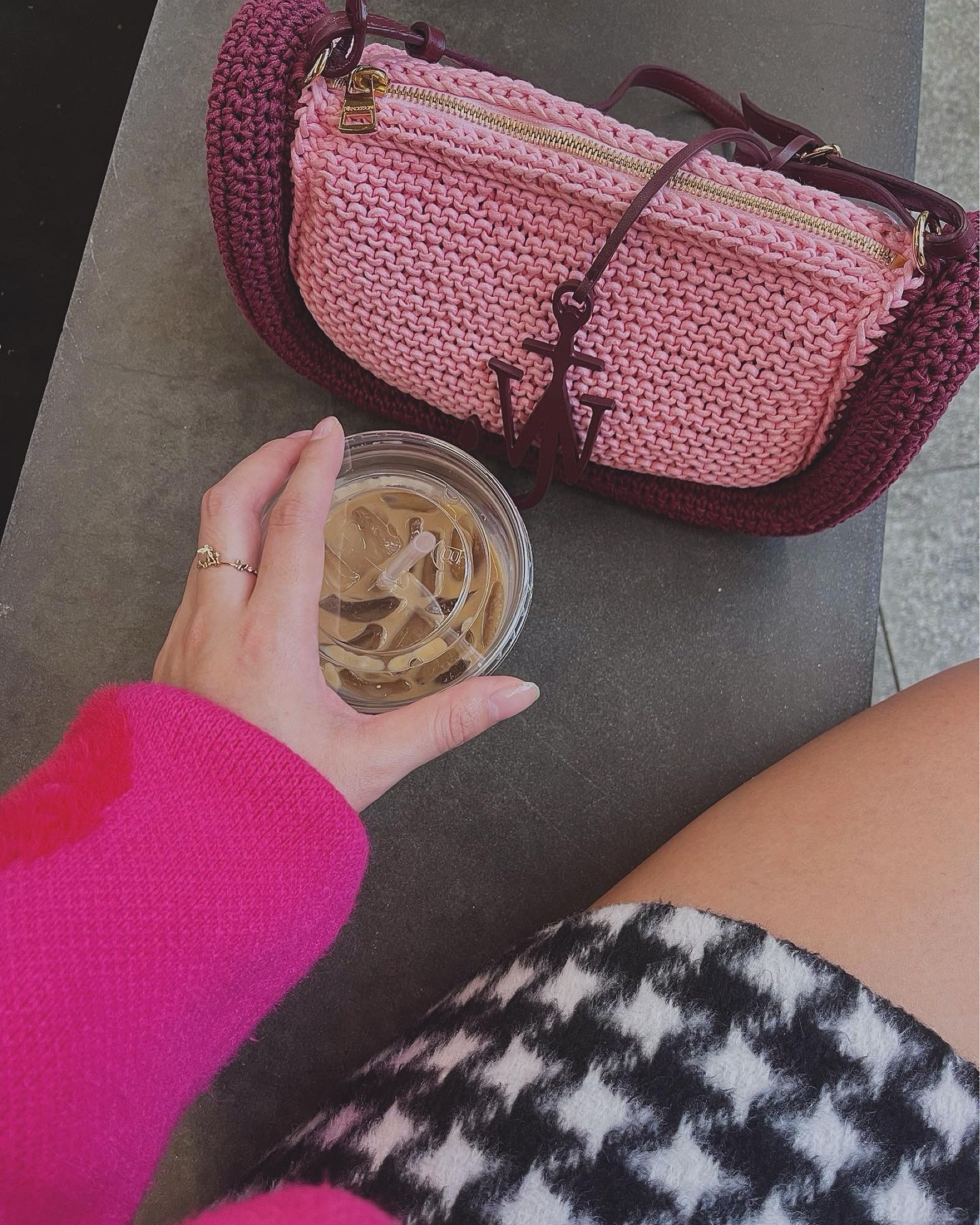 Coffee run! ☕️
•
•
•

JW Anderson Bumper-15 Crochet-Knit Zip-Up Shoulder Bag, Sanctuary clothing houndstooth skirt outfit inspo, house of Sunny kiss sweater outfit inspo, Valentine’s Day outfits, Valentine’s Day date, cute pink outfit inspo, pink bag outfit inspo, ootd

#LTKBeauty #LTKStyleTip #LTKItBag