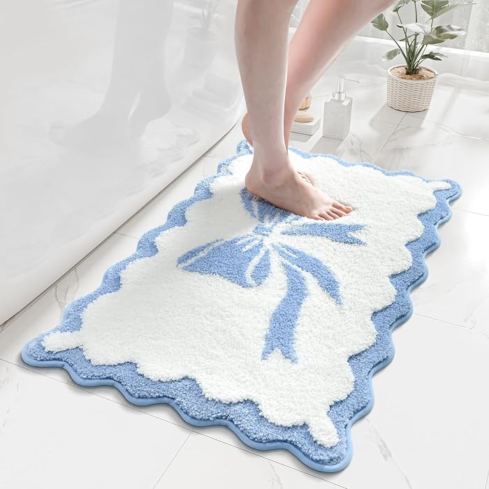 Anybar Bow Bath Mat Blue White Bathroom Rug Cute Scalloped Rugs Non Slip Floor Carpet Microfiber ... | Amazon (US)