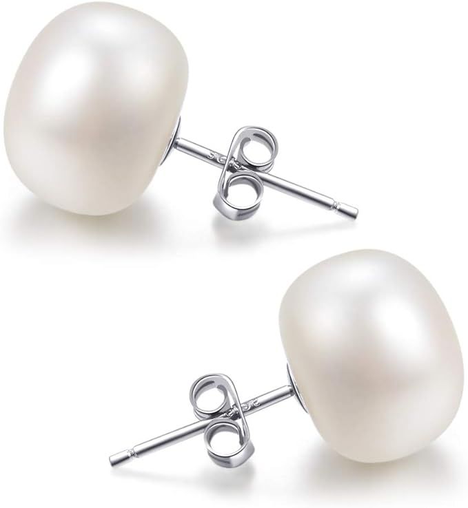 Pearl Stud Earrings-925 Sterling Silver Genuines Freshwater Cultured Pearl Earrings Studs For Wom... | Amazon (US)