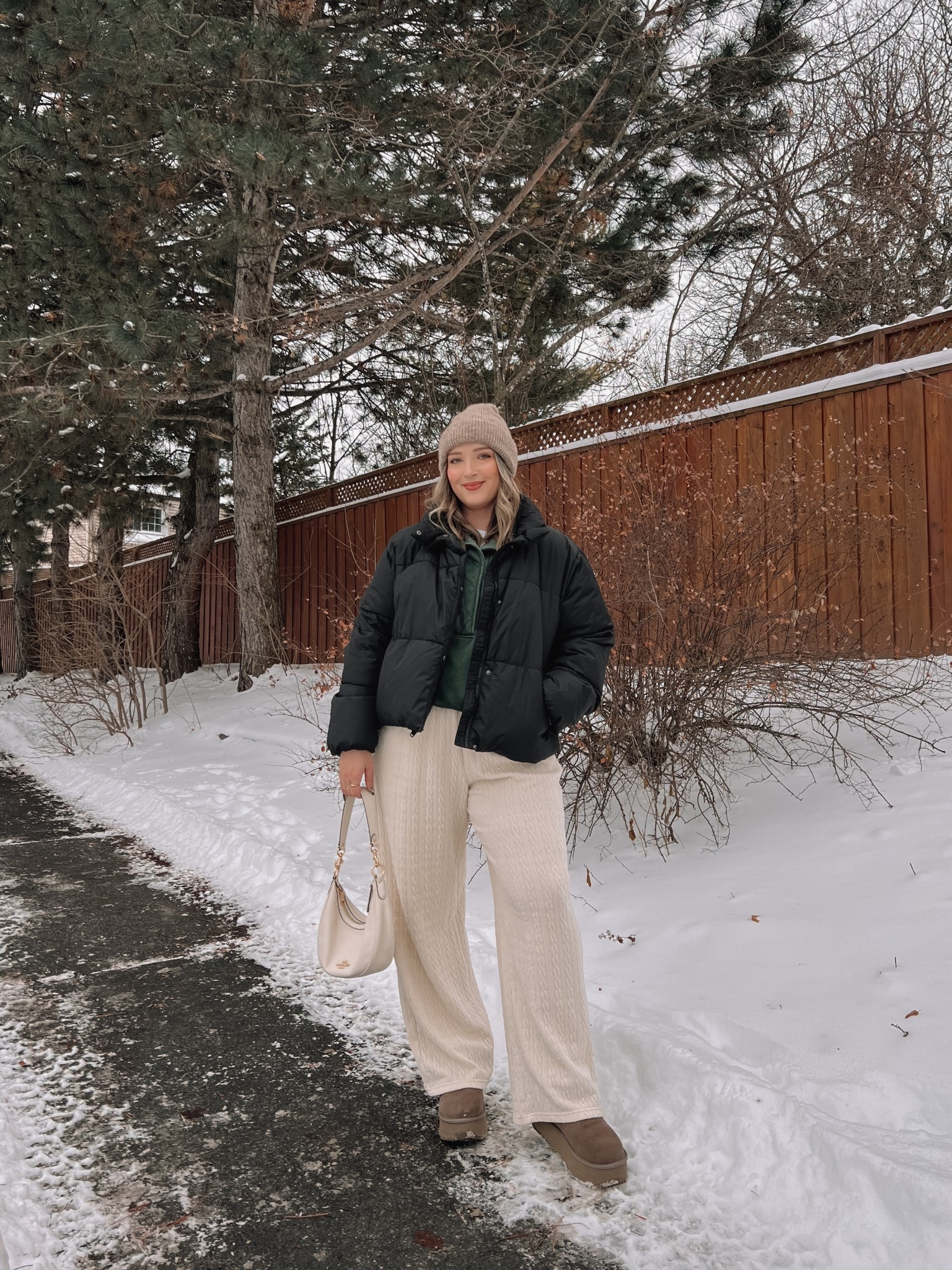 Comfy casual winter errands outfit! Wearing my usual size L in the cream cable knit wide leg pants, white tee, dark green sweatshirt, and black puffer jacket. My Ugg style boots are Amazon and such good quality, I’m usually a 9.5-10 and wear a 10. Canadian puffer jacket link under “similar products"


#LTKsale #LTKwinter #LTKmidsize