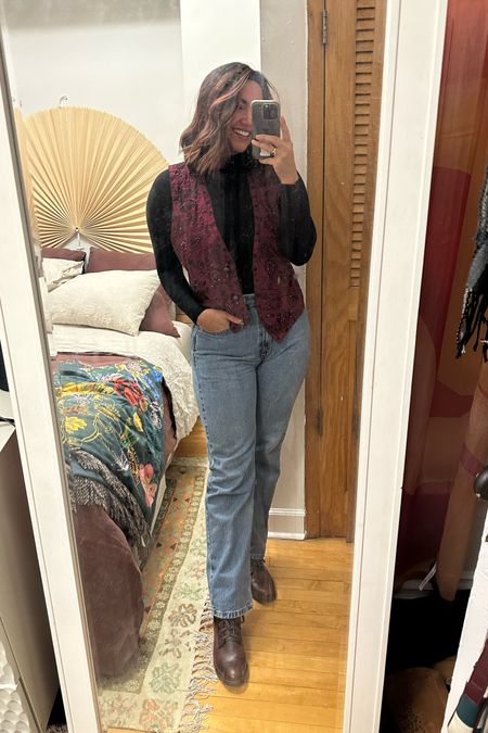 Styling a vintage vest with straight leg jeans and a bodysuit for work. Fall outfit, fall staples, boots 

#LTKmidsize #LTKstyletip #LTKSeasonal